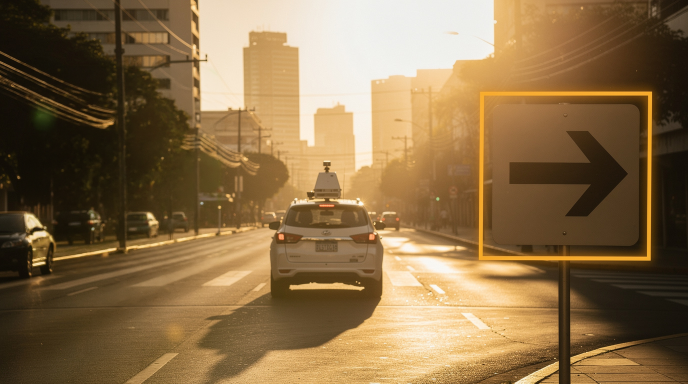 AutomaticRoad — cruce urbano con señalización conectada al atardecer